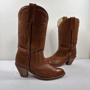 VTG FRYE Womens 8.5B Leather Cowboy Western Boots Brown Heeled 80's Pull On USA